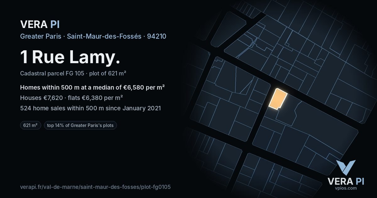 1 Rue Lamy, Saint-Maur-des-Fossés at night – the plot lit, the parcels around coloured by the prices near them