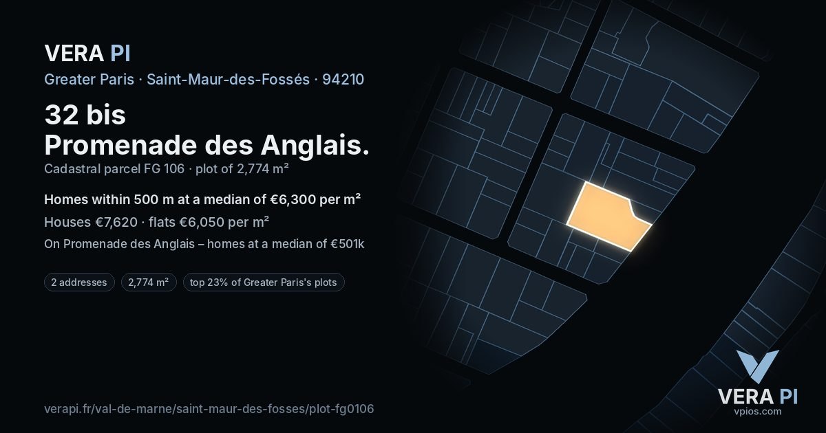 32 bis Promenade des Anglais, Saint-Maur-des-Fossés at night – the plot lit, the parcels around coloured by the prices near them