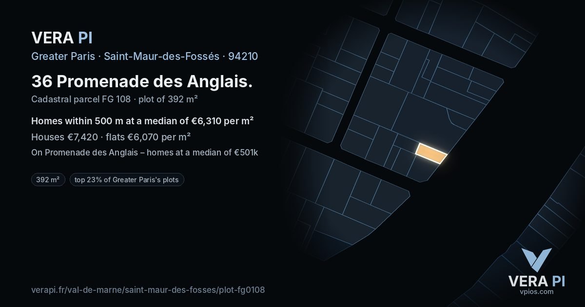 36 Promenade des Anglais, Saint-Maur-des-Fossés at night – the plot lit, the parcels around coloured by the prices near them
