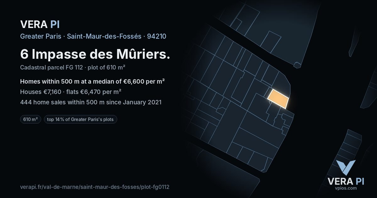 6 Impasse des Mûriers, Saint-Maur-des-Fossés at night – the plot lit, the parcels around coloured by the prices near them