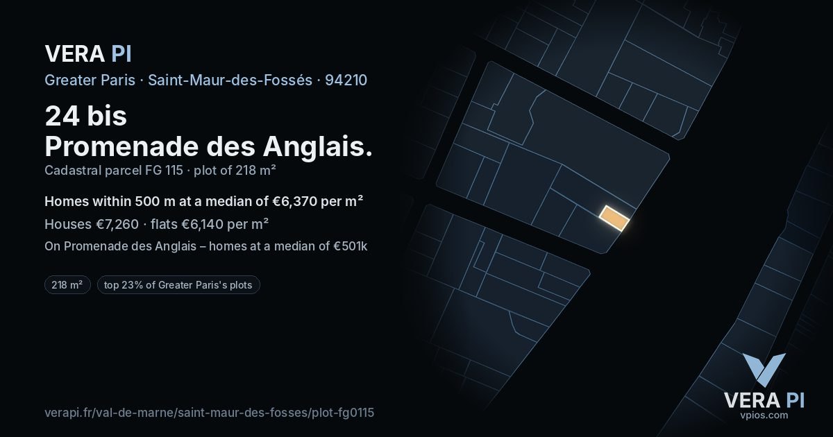 24 bis Promenade des Anglais, Saint-Maur-des-Fossés at night – the plot lit, the parcels around coloured by the prices near them
