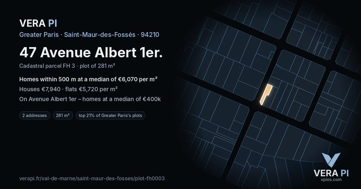 47 Avenue Albert 1er, Saint-Maur-des-Fossés at night – the plot lit, the parcels around coloured by the prices near them