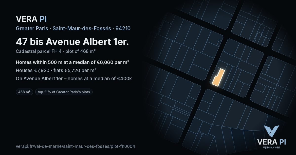 47 bis Avenue Albert 1er, Saint-Maur-des-Fossés at night – the plot lit, the parcels around coloured by the prices near them