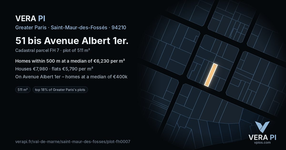 51 bis Avenue Albert 1er, Saint-Maur-des-Fossés at night – the plot lit, the parcels around coloured by the prices near them