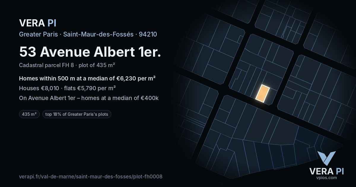 53 Avenue Albert 1er, Saint-Maur-des-Fossés at night – the plot lit, the parcels around coloured by the prices near them