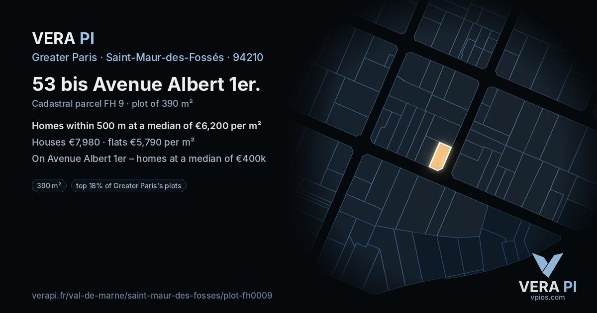 53 bis Avenue Albert 1er, Saint-Maur-des-Fossés at night – the plot lit, the parcels around coloured by the prices near them