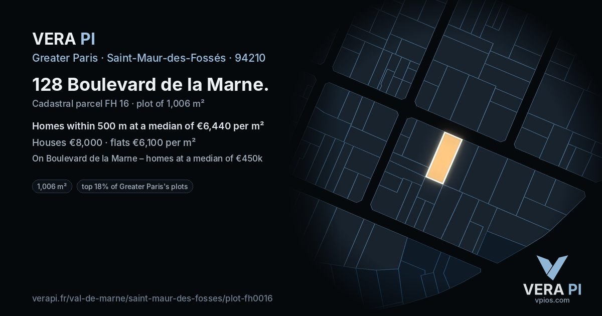 128 Boulevard de la Marne, Saint-Maur-des-Fossés at night – the plot lit, the parcels around coloured by the prices near them