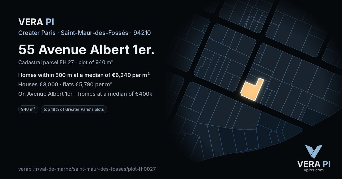 55 Avenue Albert 1er, Saint-Maur-des-Fossés at night – the plot lit, the parcels around coloured by the prices near them