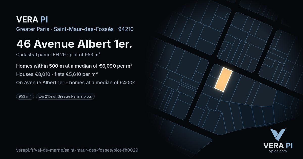 46 Avenue Albert 1er, Saint-Maur-des-Fossés at night – the plot lit, the parcels around coloured by the prices near them