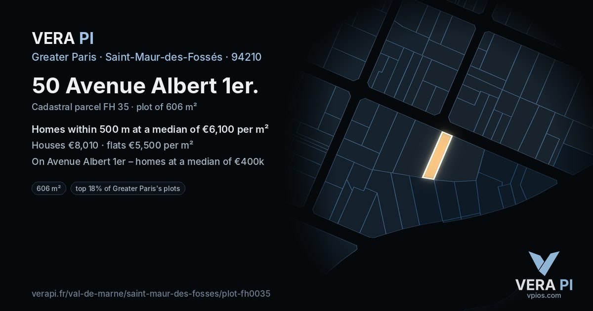 50 Avenue Albert 1er, Saint-Maur-des-Fossés at night – the plot lit, the parcels around coloured by the prices near them