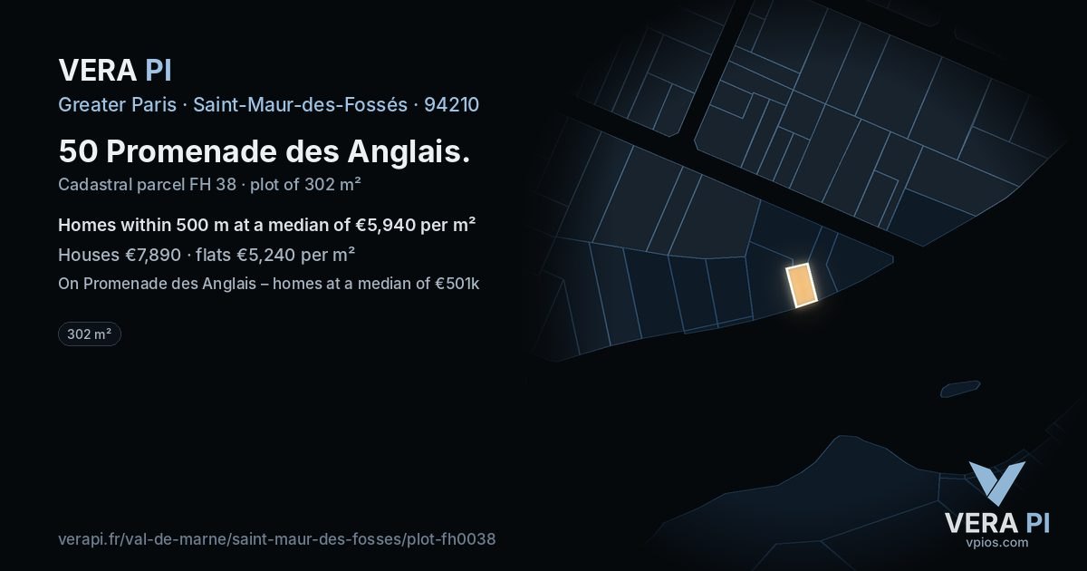 50 Promenade des Anglais, Saint-Maur-des-Fossés at night – the plot lit, the parcels around coloured by the prices near them