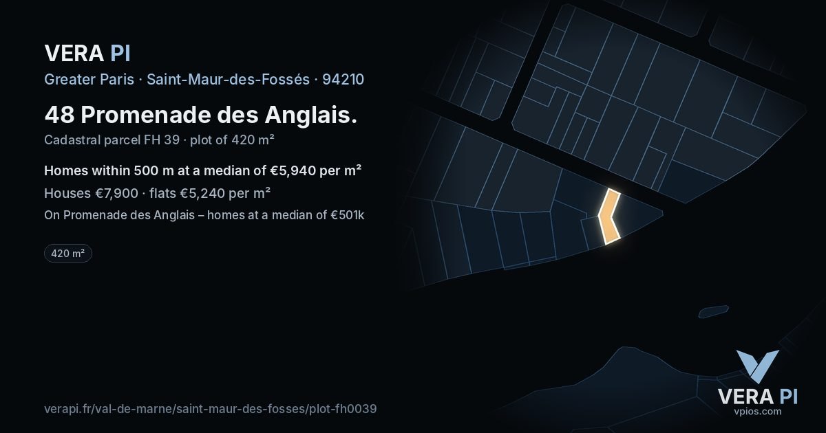 48 Promenade des Anglais, Saint-Maur-des-Fossés at night – the plot lit, the parcels around coloured by the prices near them