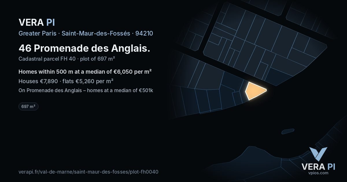 46 Promenade des Anglais, Saint-Maur-des-Fossés at night – the plot lit, the parcels around coloured by the prices near them