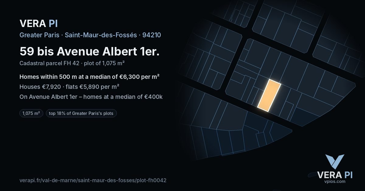59 bis Avenue Albert 1er, Saint-Maur-des-Fossés at night – the plot lit, the parcels around coloured by the prices near them
