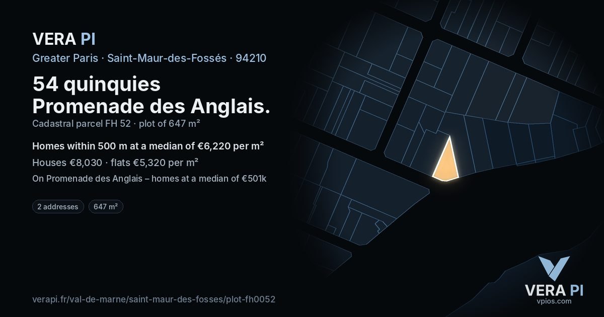 54 quinquies Promenade des Anglais, Saint-Maur-des-Fossés at night – the plot lit, the parcels around coloured by the prices near them