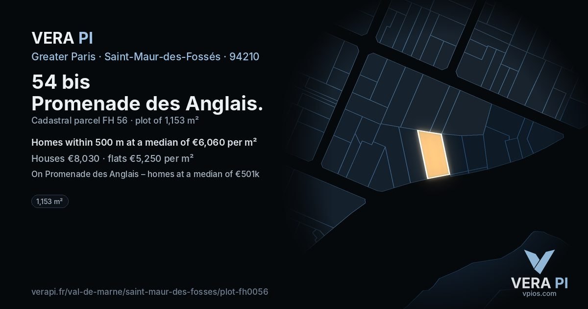 54 bis Promenade des Anglais, Saint-Maur-des-Fossés at night – the plot lit, the parcels around coloured by the prices near them