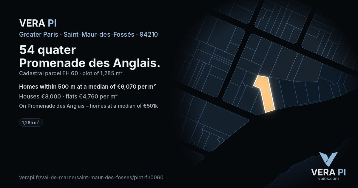 54 quater Promenade des Anglais, Saint-Maur-des-Fossés at night – the plot lit, the parcels around coloured by the prices near them
