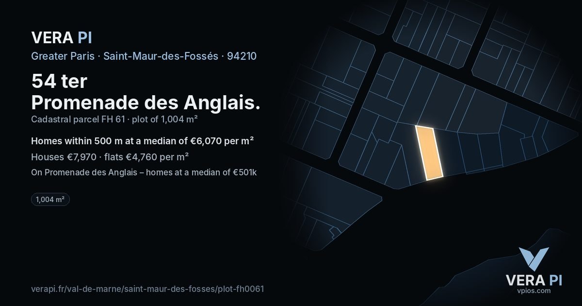54 ter Promenade des Anglais, Saint-Maur-des-Fossés at night – the plot lit, the parcels around coloured by the prices near them