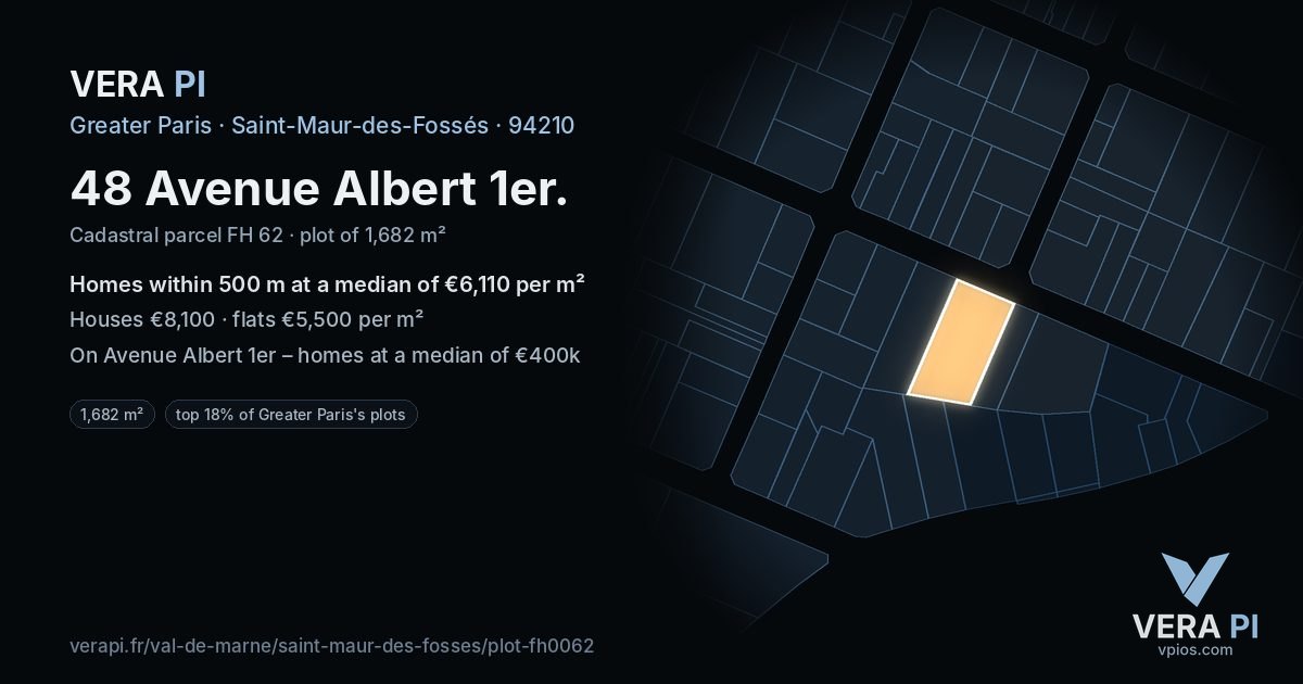 48 Avenue Albert 1er, Saint-Maur-des-Fossés at night – the plot lit, the parcels around coloured by the prices near them