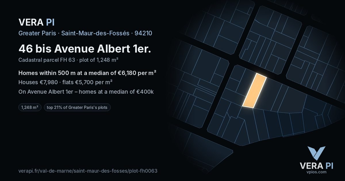 46 bis Avenue Albert 1er, Saint-Maur-des-Fossés at night – the plot lit, the parcels around coloured by the prices near them