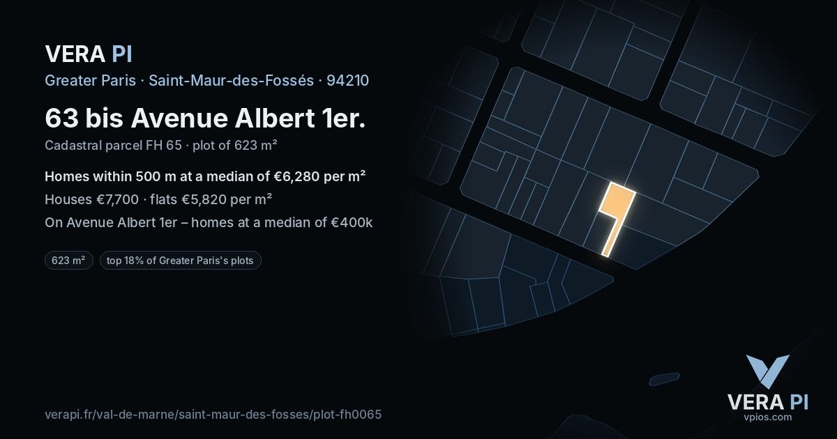 63 bis Avenue Albert 1er, Saint-Maur-des-Fossés at night – the plot lit, the parcels around coloured by the prices near them
