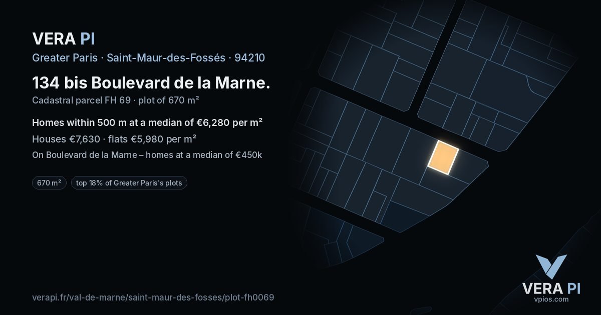 134 bis Boulevard de la Marne, Saint-Maur-des-Fossés at night – the plot lit, the parcels around coloured by the prices near them