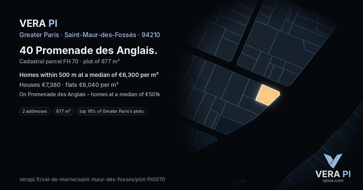 40 Promenade des Anglais, Saint-Maur-des-Fossés at night – the plot lit, the parcels around coloured by the prices near them