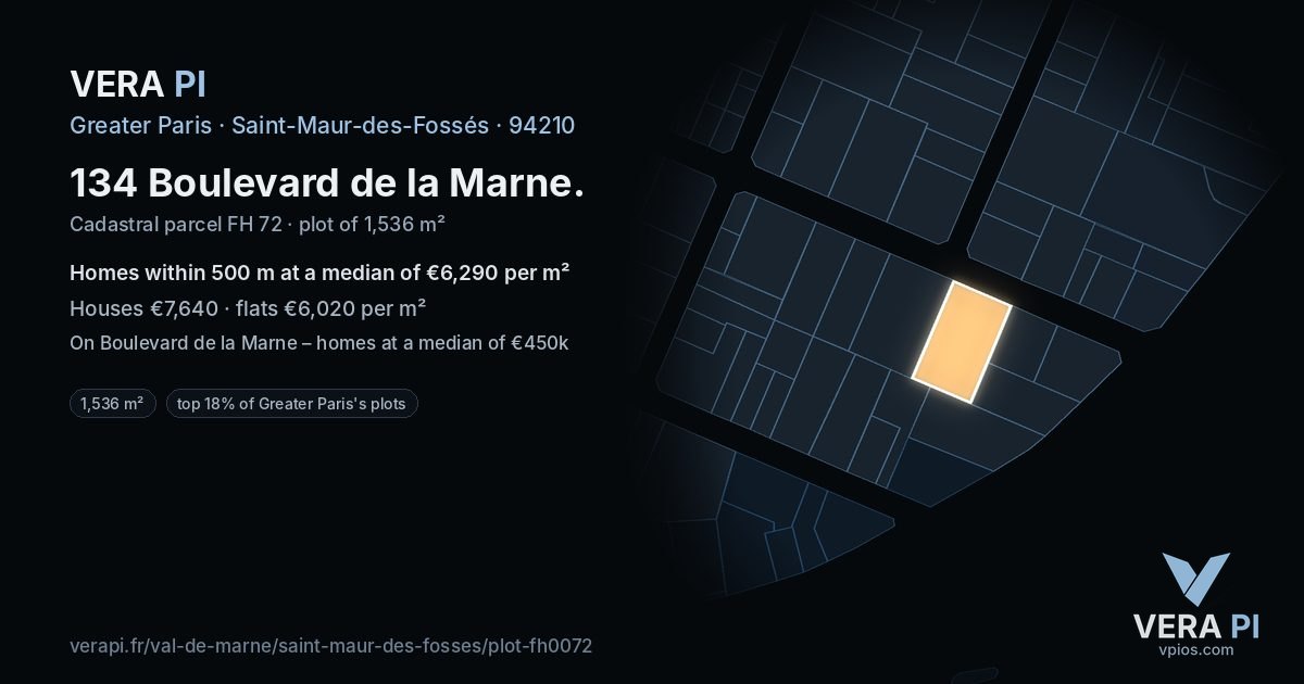 134 Boulevard de la Marne, Saint-Maur-des-Fossés at night – the plot lit, the parcels around coloured by the prices near them