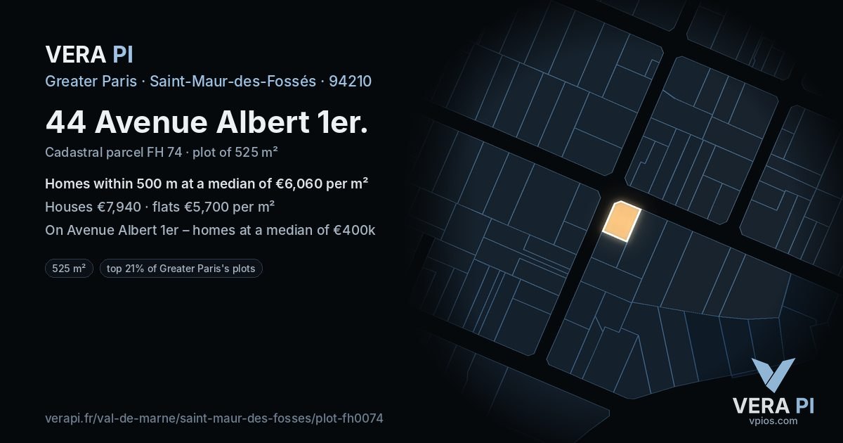 44 Avenue Albert 1er, Saint-Maur-des-Fossés at night – the plot lit, the parcels around coloured by the prices near them
