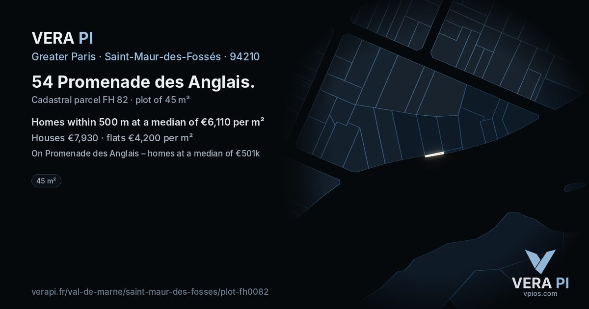 54 Promenade des Anglais, Saint-Maur-des-Fossés at night – the plot lit, the parcels around coloured by the prices near them