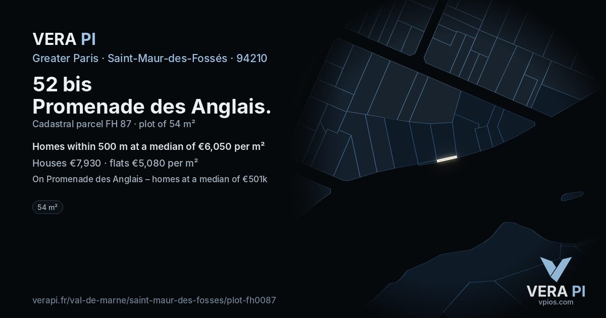 52 bis Promenade des Anglais, Saint-Maur-des-Fossés at night – the plot lit, the parcels around coloured by the prices near them