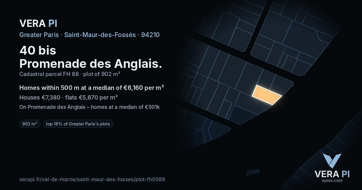 40 bis Promenade des Anglais, Saint-Maur-des-Fossés at night – the plot lit, the parcels around coloured by the prices near them