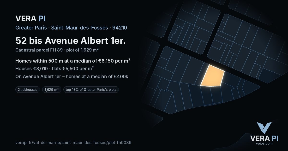 52 bis Avenue Albert 1er, Saint-Maur-des-Fossés at night – the plot lit, the parcels around coloured by the prices near them