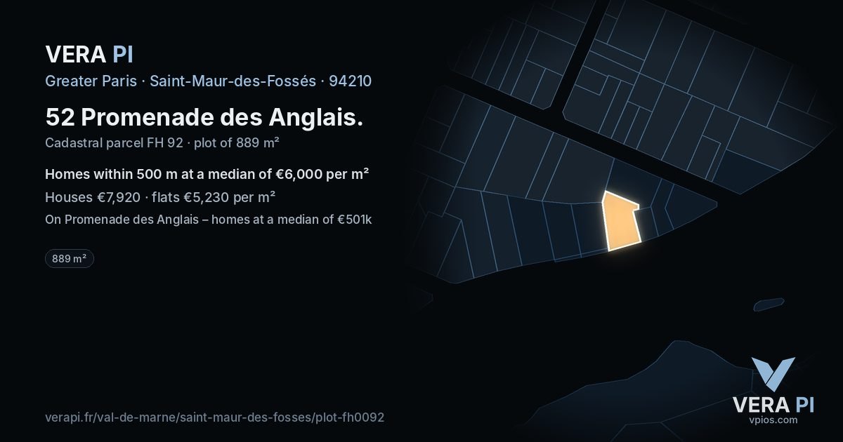 52 Promenade des Anglais, Saint-Maur-des-Fossés at night – the plot lit, the parcels around coloured by the prices near them