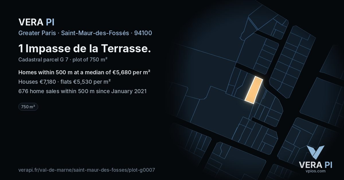1 Impasse de la Terrasse, Saint-Maur-des-Fossés at night – the plot lit, the parcels around coloured by the prices near them