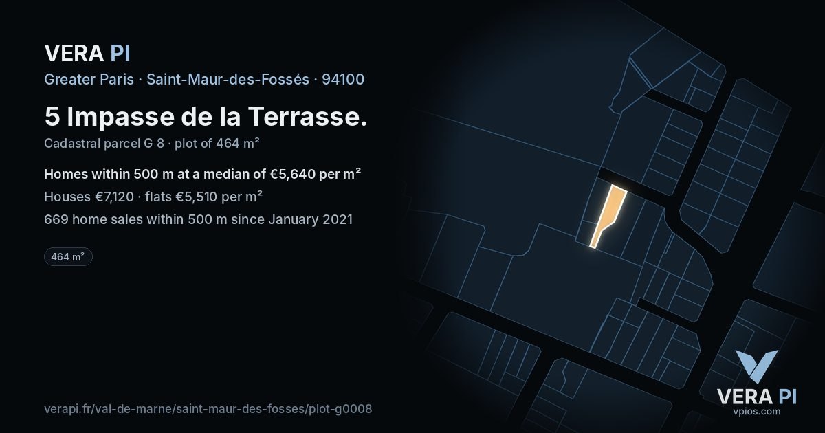 5 Impasse de la Terrasse, Saint-Maur-des-Fossés at night – the plot lit, the parcels around coloured by the prices near them