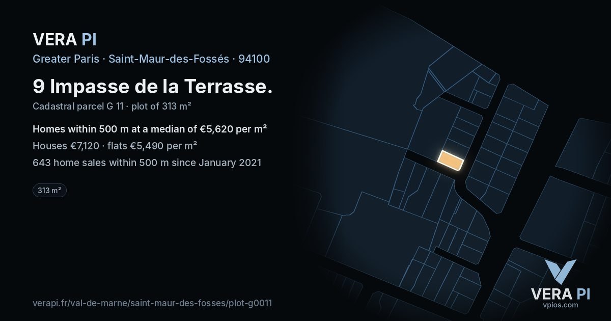 9 Impasse de la Terrasse, Saint-Maur-des-Fossés at night – the plot lit, the parcels around coloured by the prices near them