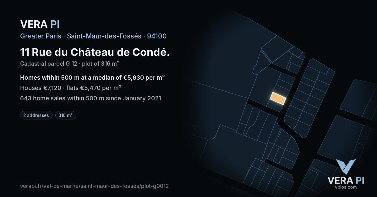 11 Rue du Château de Condé, Saint-Maur-des-Fossés at night – the plot lit, the parcels around coloured by the prices near them