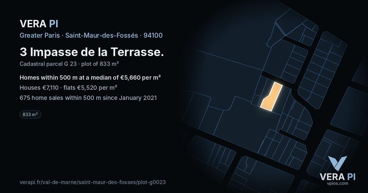 3 Impasse de la Terrasse, Saint-Maur-des-Fossés at night – the plot lit, the parcels around coloured by the prices near them