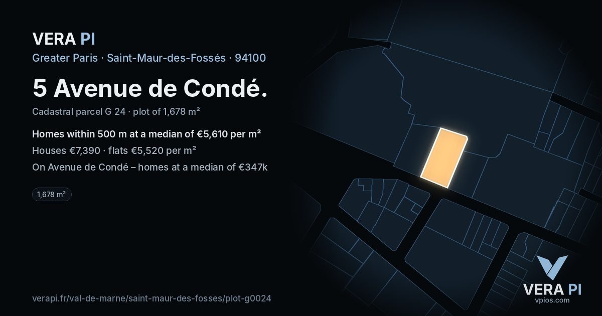 5 Avenue de Condé, Saint-Maur-des-Fossés at night – the plot lit, the parcels around coloured by the prices near them