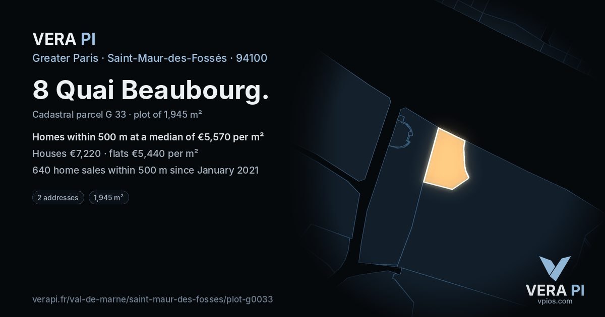 8 Quai Beaubourg, Saint-Maur-des-Fossés at night – the plot lit, the parcels around coloured by the prices near them
