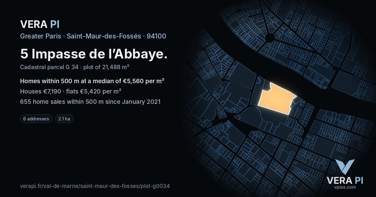 5 Impasse de l’Abbaye, Saint-Maur-des-Fossés at night – the plot lit, the parcels around coloured by the prices near them