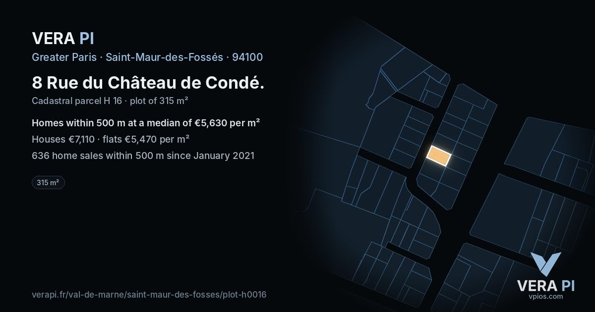 8 Rue du Château de Condé, Saint-Maur-des-Fossés at night – the plot lit, the parcels around coloured by the prices near them