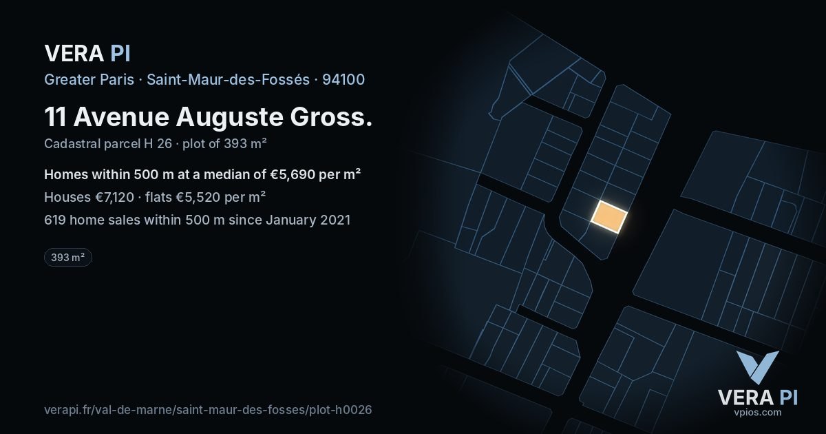 11 Avenue Auguste Gross, Saint-Maur-des-Fossés at night – the plot lit, the parcels around coloured by the prices near them
