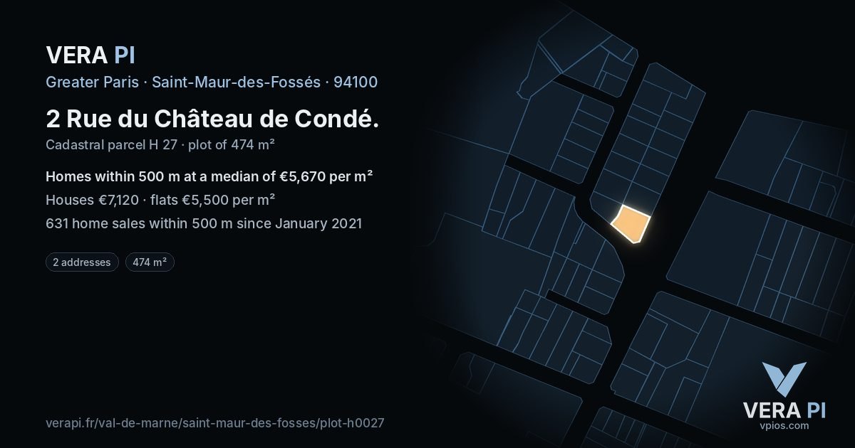 2 Rue du Château de Condé, Saint-Maur-des-Fossés at night – the plot lit, the parcels around coloured by the prices near them