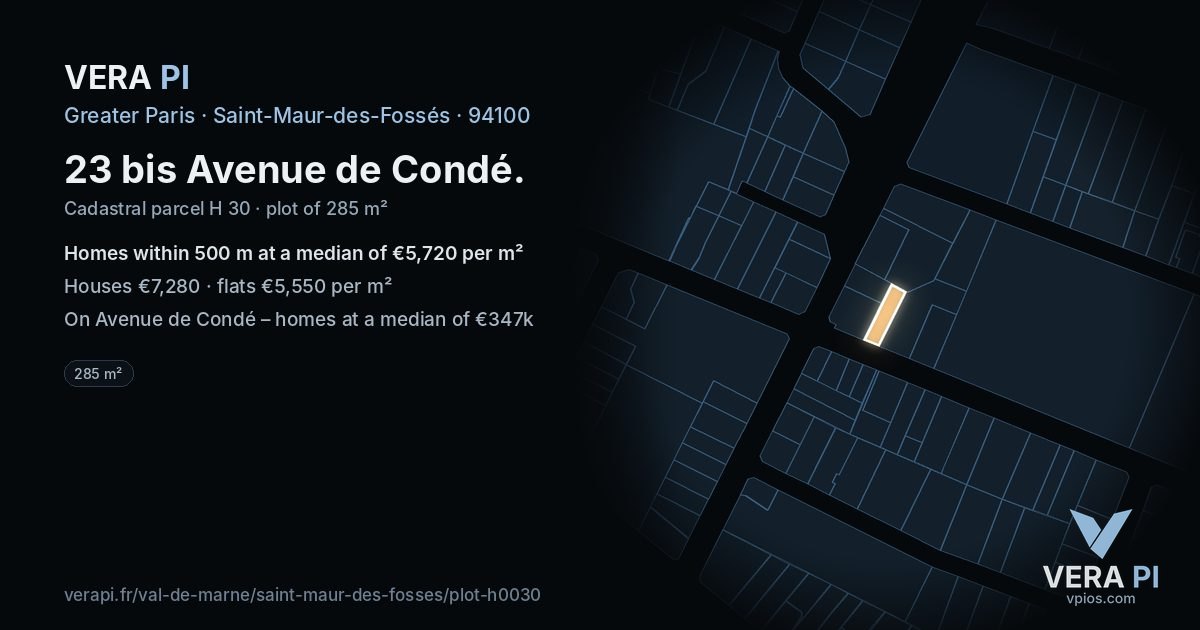 23 bis Avenue de Condé, Saint-Maur-des-Fossés at night – the plot lit, the parcels around coloured by the prices near them
