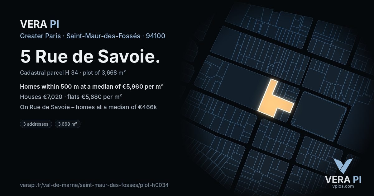 5 Rue de Savoie, Saint-Maur-des-Fossés at night – the plot lit, the parcels around coloured by the prices near them