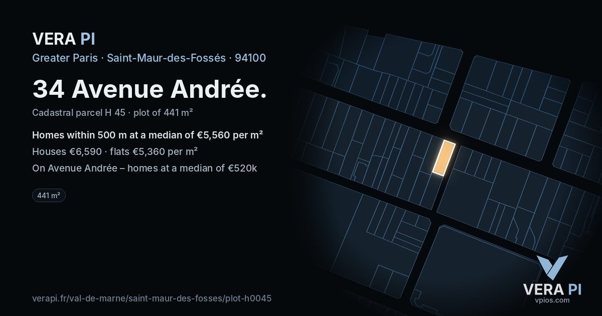 34 Avenue Andrée, Saint-Maur-des-Fossés at night – the plot lit, the parcels around coloured by the prices near them