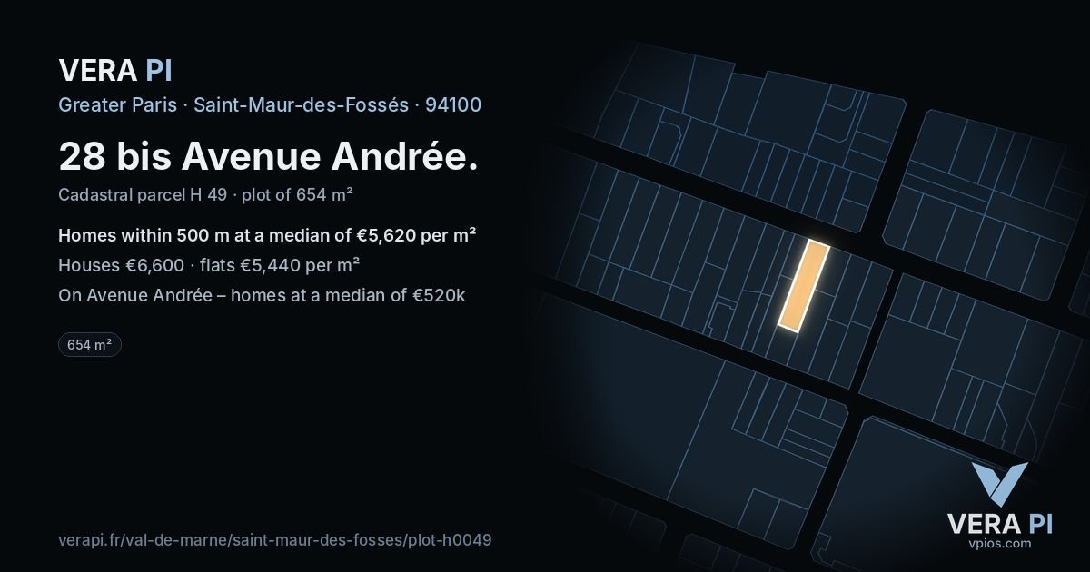28 bis Avenue Andrée, Saint-Maur-des-Fossés at night – the plot lit, the parcels around coloured by the prices near them