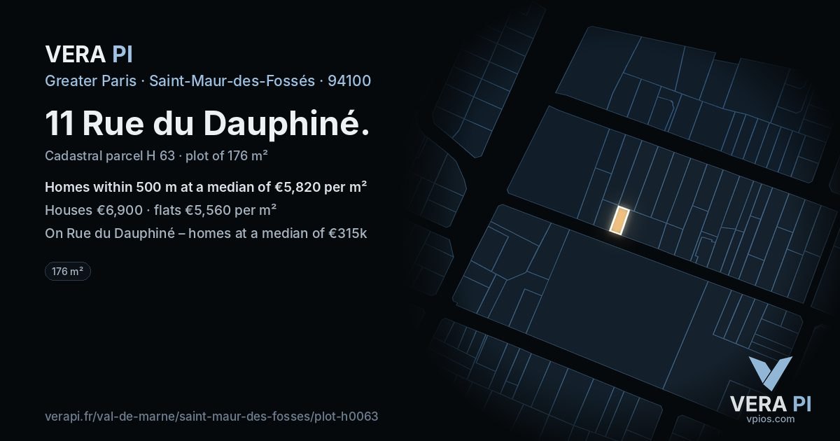 11 Rue du Dauphiné, Saint-Maur-des-Fossés at night – the plot lit, the parcels around coloured by the prices near them